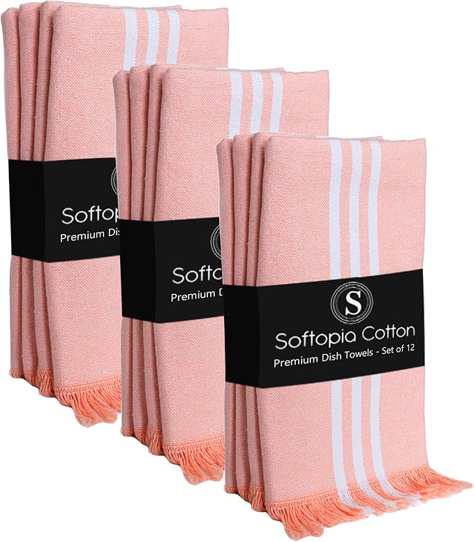 Prewashed Stripe Dish Towels 12 Pack, 16x26 Inches, 100% Cotton Kitchen Cloths, Quick Drying Wash Rags, Reusable and Absorbent, Washable Towels for Cleaning, Cooking - Light Orange