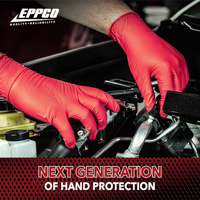 EPPCO Grease Bully 7-Mil Red Nitrile Gloves Disposable Powder Free, Latex Free Textured Superior Grip Glove for Mechanics