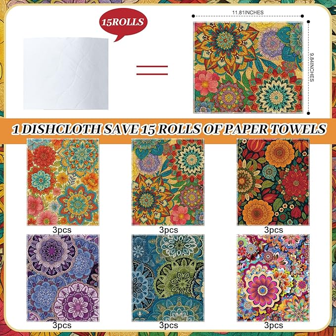 Redbaker 60 Pcs Reusable Paper Towels Rolls Towels Bulk Kitchen Washable Paperless Cloth Cotton Hand Napkins with Cardboard Reusable Napkins for Kitchen Bathroom (Boho Floral Style)