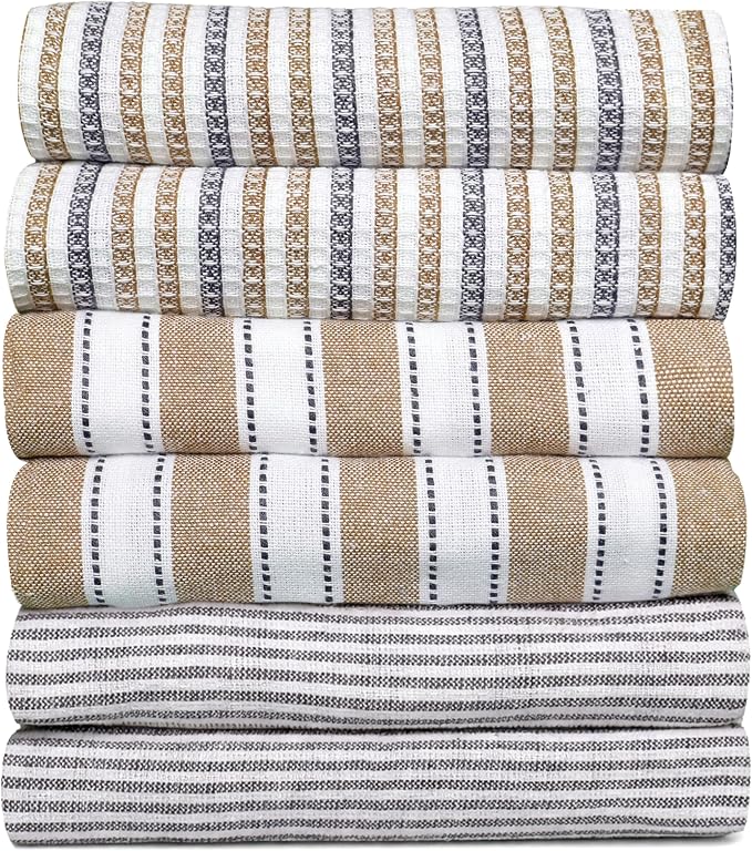 Pack of 6 Cotton Kitchen Towels Set, Dish Towels, Cleaning Rags, Kitchen Dish Cloths for Washing Dishes, Cotton Cleaning Cloths, Ultra Soft, Lightweight & Quick Dry, Flat Weave, 28"x18" (Beige & Gray)