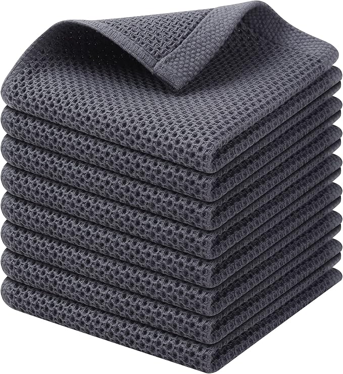 Kitinjoy 100% Cotton Kitchen Dish Cloths (12 X 12 Inches, Dark Grey), 8 Pack Waffle Weave Ultra Soft Absorbent Dish Towels for Drying Dishes Quick Drying Kitchen Towels Dish Rags