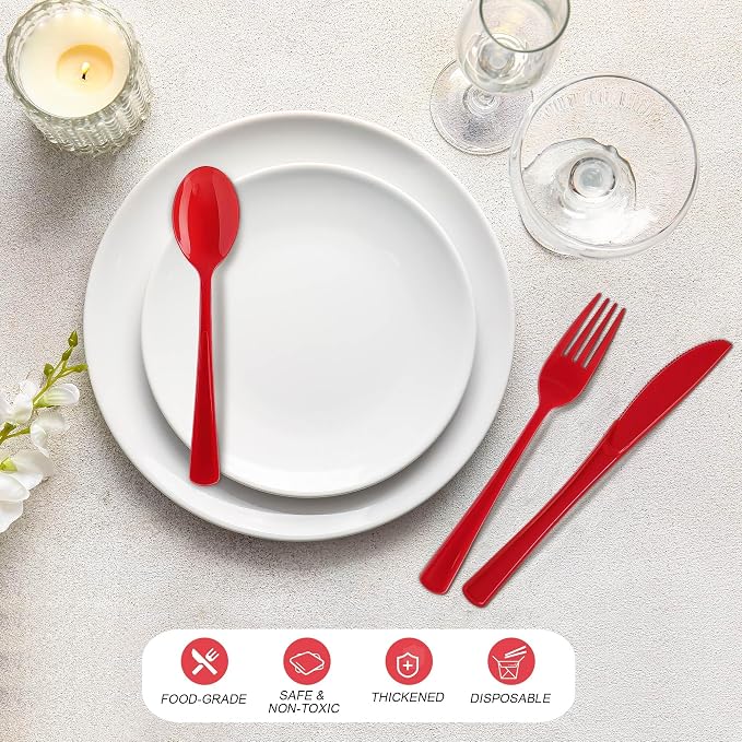 Kochorie 300 Pieces Graduation Red Plastic Silverware Heavy Duty Plastic Cutlery Set Heavyweight Disposable Flatware Includes Spoons Forks Knives for Party Prom Night Wedding Dinner