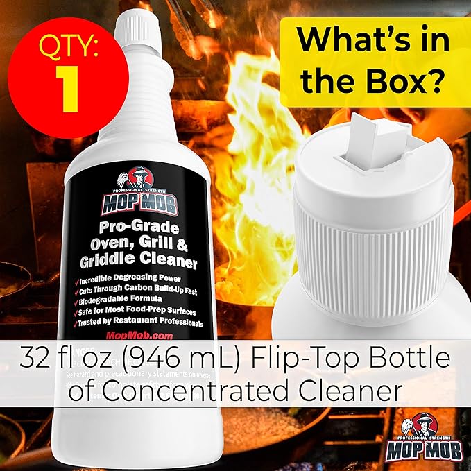 Commercial Grill and Oven Cleaner 32Oz Concentrate 1pk. Heavy-Duty Fast-Acting Degreaser Solution Removes Carbon, Grime, Burnt Food and Oil for Griddles Fryer Baskets and Kitchen Cooking Surfaces.