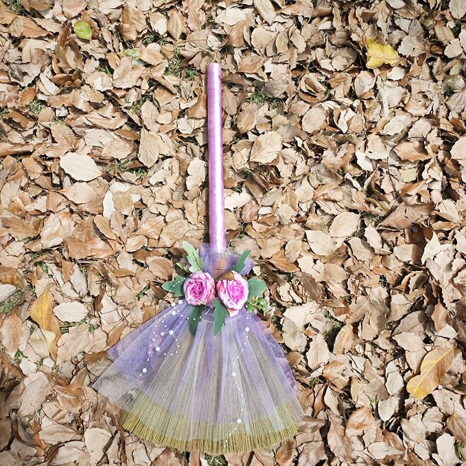 Wedding Broom Jumping Broom for Wedding Ceremony 28 inch Whisk Purple Gauze/Artificial Roses (Finished Product)