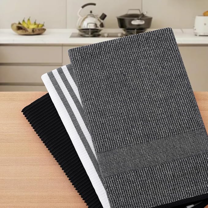 Homaxy Premium Kitchen Towels(18”x 28”, 12 Pack), Large Cotton 380 GSM Kitchen Hand Towels, Soft and Absorbent Terry Dish Towels, Multipurpose Tea Towel Set with Hanging Loop, Black