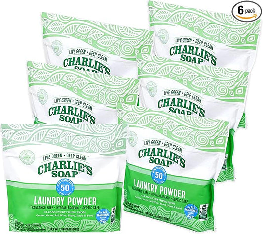 Charlie’s Soap Laundry Powder (50 Loads, 6 Pack) Hypoallergenic Deep Cleaning Washing Powder Detergent – Eco-Friendly, Safe, and Effective