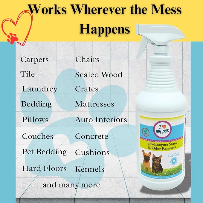 I Love My Pet Enzyme Stain & Odor Eliminator for Dog & Cat Urine – Professional Strength Cleaner for Carpets, Furniture & Upholstery – Pet-Safe, Works on Set-In Odors – 32 oz