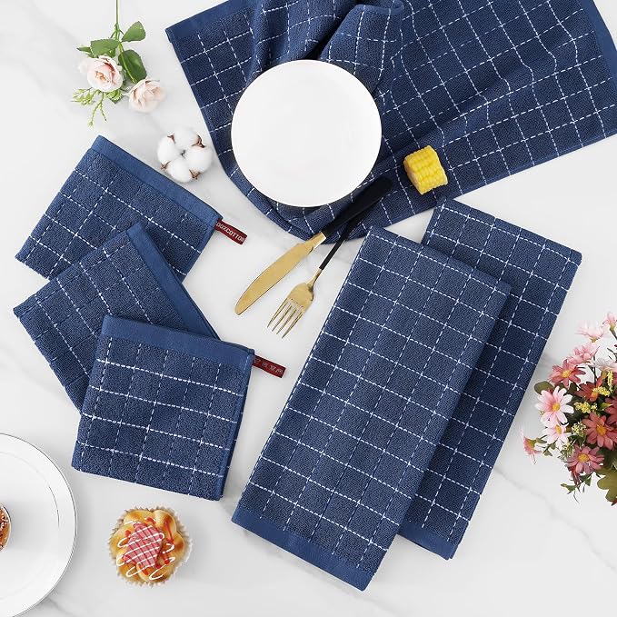 Homaxy Kitchen Towels and Dishcloths Set, 12 x 12 and 13 x 28 Inches, Set of 12 Bulk Cotton Terry Kitchen Towels Set, Checkered Designed, Soft and Super Absorbent Dish Towels, Navy Blue