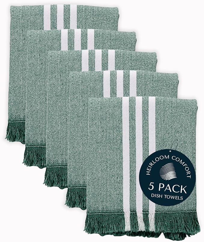 Monochrome Stripe Kitchen Towels 5 Pack, 16x26 Inch, 100% Cotton, Super Absorbent & Quick Dry, Durable, Fringed Dish Towel for Drying Dishes, Washable, Everyday Use, Forest Green
