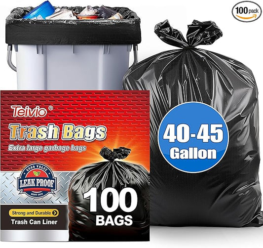 Teivio Trash Bags, 40-45 Gallon, 100 Count, Black, for Bathroom, Office, Industrial, Commercial, Janitorial, Municipal, Recycling