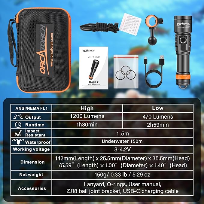 ORCATORCH D530V 1200 Lumens Underwater Video Light, 120° Super Wide Beam Dive Flashlight, 2 Modes with ZJ18 Ball Joint, IP68 Waterproof (150m) for Scuba Diving Photography/Videography