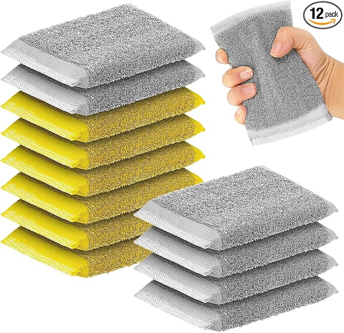 Thyle 12 Pack Steel Scrub Sponges for Dishes Non Scratch Scouring Multi Use Metal Scrubber Heavy Duty Dish Wash Kitchen Sponge for Pot Dish Washing Hard Surface Cleaning (Gray,Yellow)