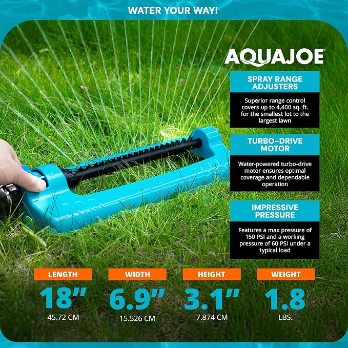 Aqua Joe Multi-Function Hose Nozzle with Smart Throttle and 7 Sprayer Patterns Bundled with Oscillating Sprinkler with Adjustable Spray