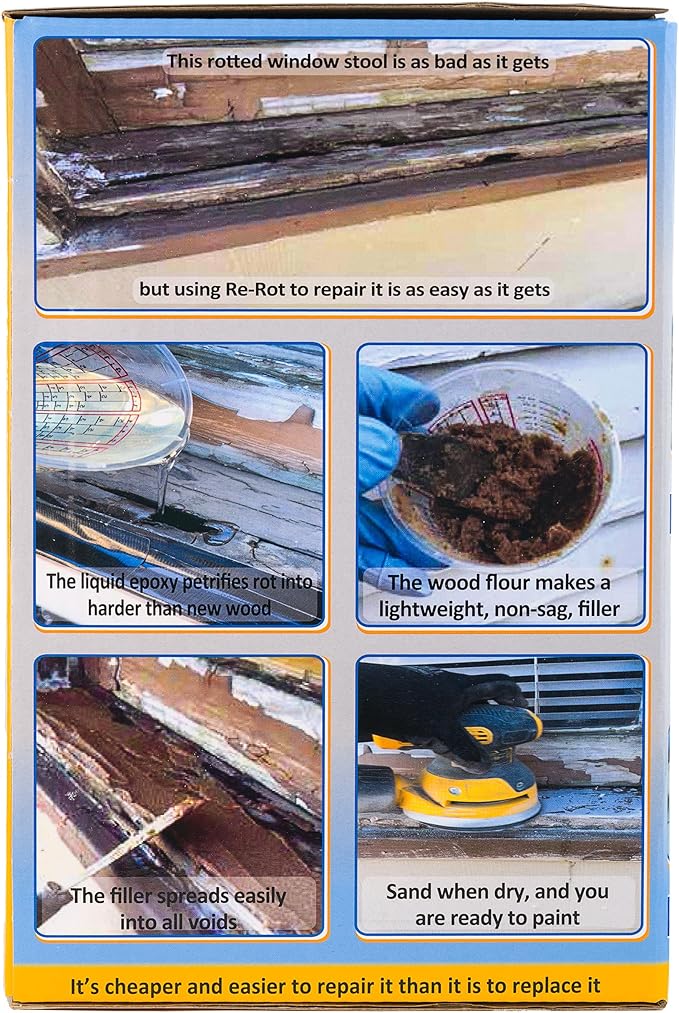 Re-Rot 48 Volume oz Kit - 24 oz 2 Component Liquid/24 oz Filler - Repairs Rot Quickly & Easily, Restores Strength, Rebuilds Missing Wood - Rapid Drying - Sandable/Paintable - 3 Products in 1