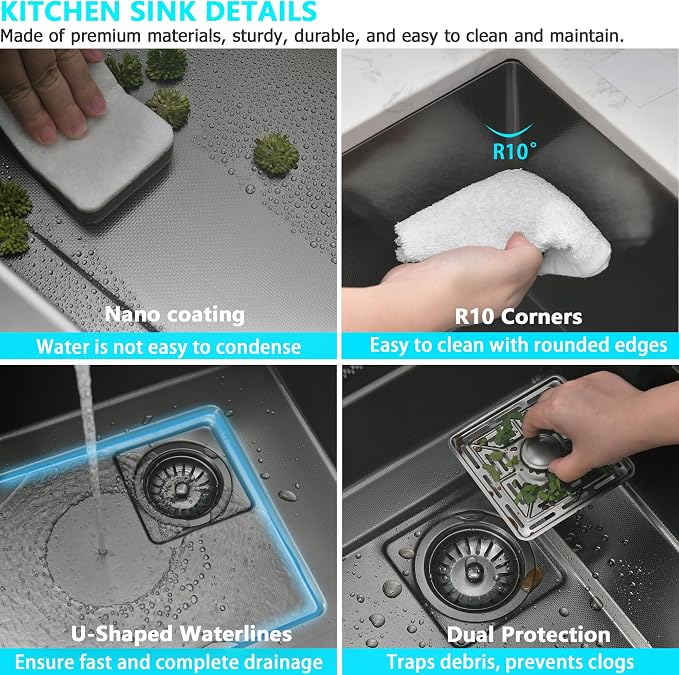 30" x 19.7" Black-Gray Waterfall Kitchen Sink, Drop In Stainless Steel Modern Single Bowl Sink with Pull-Out Spray Faucet, Cup Washer & Accessories
