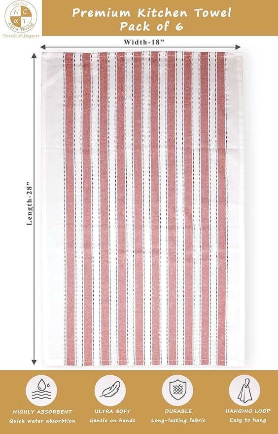 Pack of 6 Cotton Kitchen Towels Set, Dish Towels, Cleaning Rags, Kitchen Dish Cloths for Washing Dishes, Cotton Cleaning Cloths, Ultra Soft, Lightweight & Quick Dry, Flat Weave, 28"x18" (Rust & Gray)