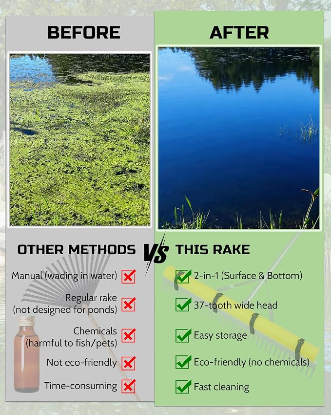 Pond Rake, 36" Floating Rake with 8.5ft (102in) Extension Handle & 20ft Rope, Aluminum Aquatic Weed Rake for Lake, Heavy Duty Landscape Rake for Algae, Muck & Debris Removal, 2-in-1 Water & Land Tool
