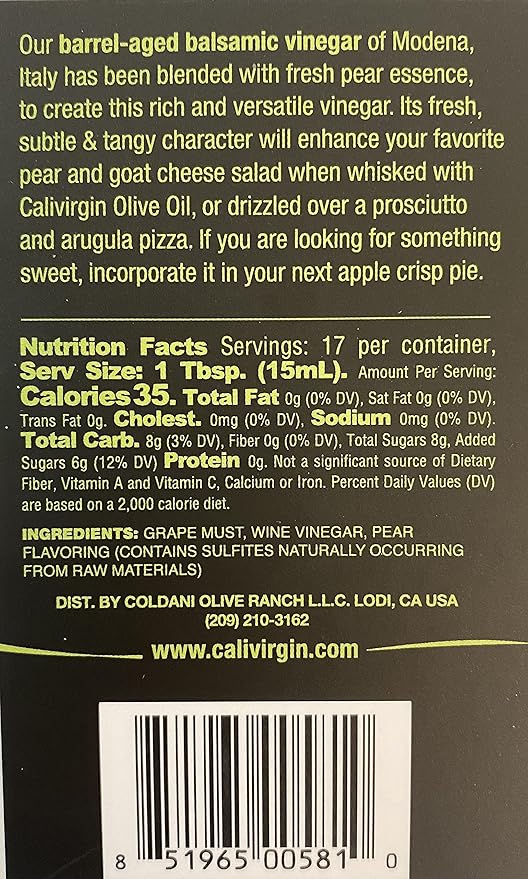 Calivirgin Balsamic Vinegar - Pear Flavored Traditional Balsamic Vinegar - Thick, Velvety, Authentic Italian Balsamic Vinegar - Gourmet Vinegar - Barrel Aged Balsamic Vinegar Bottle - 250ml