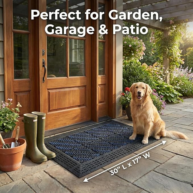 Heavy Duty Outdoor Boot Scraper Mat, 29.5" x 17.5" Mud & Snow Doormat with Stiff Nylon Bristles, Modular Interlocking Shoe Cleaner for Patio, Garage, Garden, High Traffic, 1.37" Thick