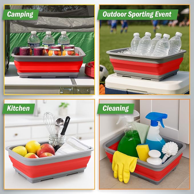 Collapsible Cleaning Caddy - Portable Multi-use Wash Basin, Dish Tub, or Ice Bucket with 7.27L Capacity for Camping and Tailgating by Wakeman (Red)