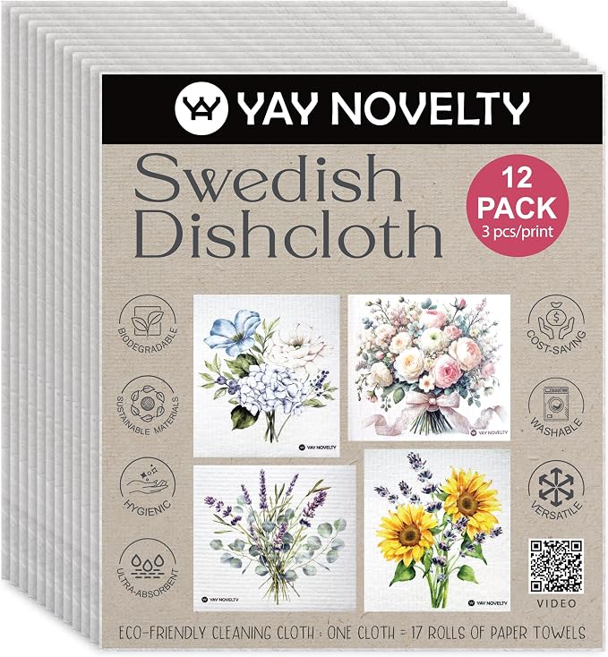 Swedish Dishcloths - 12 Pack | Made in Germany | Ultra-Absorbent, Reusable Cellulose Sponge Cloths for Kitchen | No-Odor, Eco-Friendly Cleaning Wipes | Water-Based Ink | Bouquet