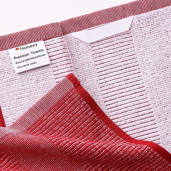 Homaxy Premium Kitchen Towels(18”x 28”, 3 Pack), Large Cotton Kitchen Hand Towels, Flat and Terry Dish Towels, 380 GSM Highly Absorbent Tea Towel Set with Hanging Loop, Red