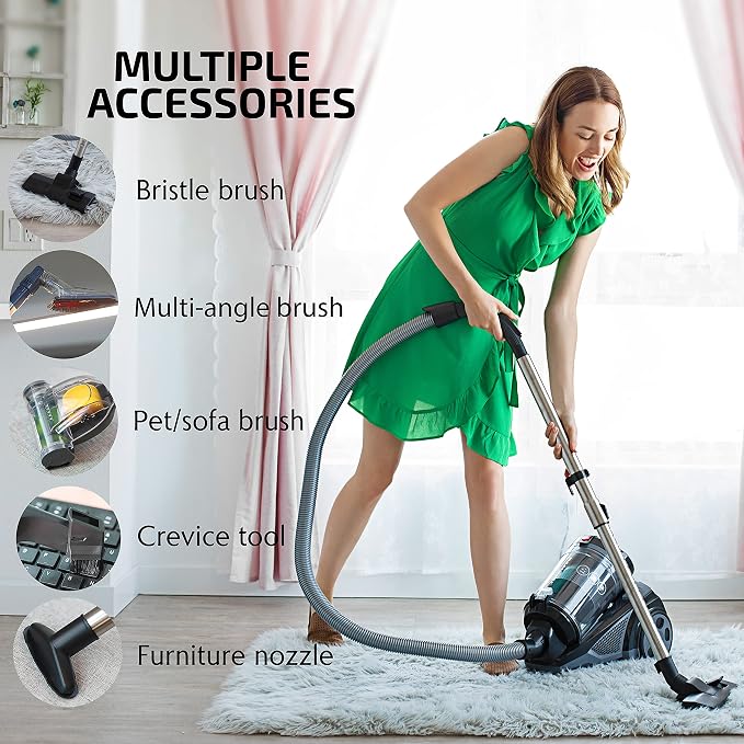 OVENTE Bagless Canister Vacuum Cleaner with 3L Dust Cup, Powerful Suction, Telescoping Wand, Retractable Cord and Accessories, 1400W Lightweight Cleaning Machine for Carpet & Hard Floor, Black ST2620B