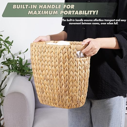 BLUEWEST 3.5 Gallons Wicker Trash Can, Wicker Rattan Bathroom Trash Can with Built-in Handle, Large Handwoven Hyacinth Waste Bin for Office, Bedroom, Living Room, and Kitchen