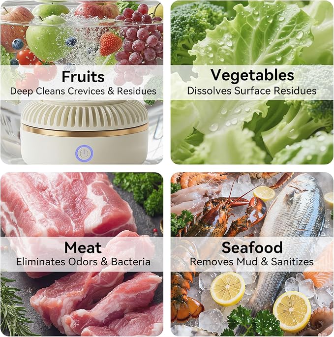 Titanium Electrolysis Vegetable Cleaner, Cordless Fruit Washing Machine with Intermittent Vortex Tech, IPX7 Waterproof Food Purifier for Deep Cleaning