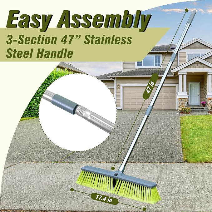 18" Push Broom with 47" Long Handle, Multi-Surface Floor Scrub Brush for Cleaning Deck, Patio, Garage, Driveway