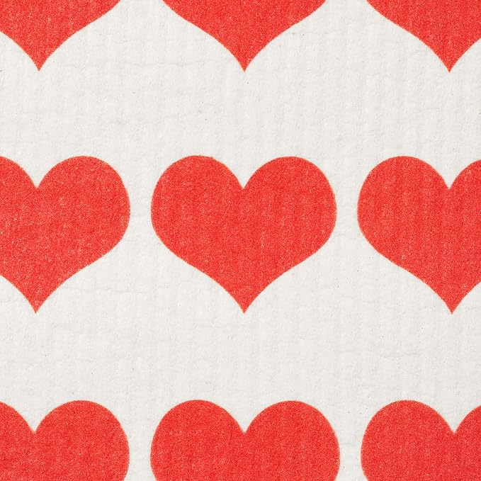 Swedish Dishcloths 2-Pack - Reusable Eco-Friendly Sponge Cloths, Super Absorbent Biodegradable Kitchen Cleaning Towels, Machine Washable, Red Hearts Row Design, 7.87"x6.88"