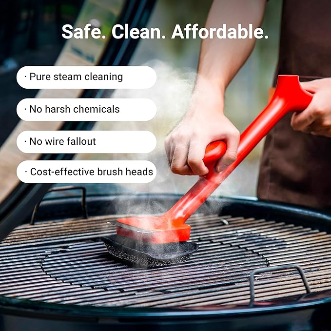 Thermomaven Grill Brush Bristle Free with 3 Replacement Brush Heads, Steam Grill Brush with Scraper, Non Metal Bristles for Cast Iron, Stainless-Steel Grates, Safe for Non-Stick Surface