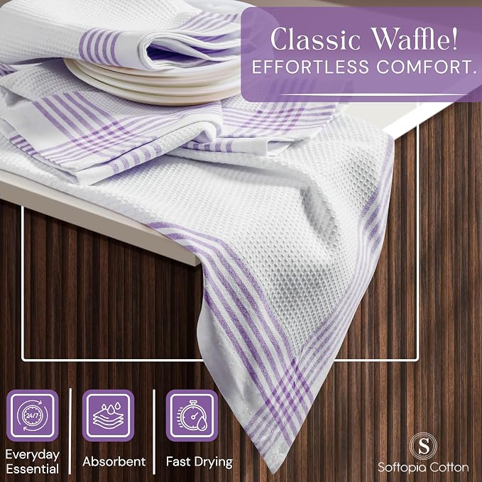 Waffle White & Lavender Kitchen Dish Towels 12 Pack, 100% Cotton, 16"x26", Thick Hand Towel for Drying Dishes, Quick Dry Washcloths, Perfect for Bar, Cooking, Serving, Cleaning