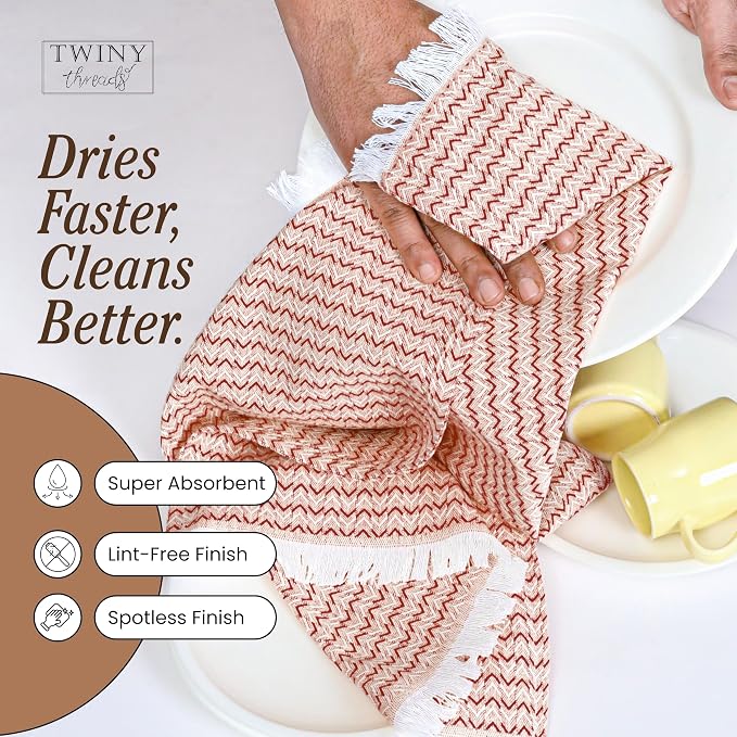 TWINY threads Kitchen Dish Towel Chevron Weave, Premium Large 100% Cotton Kitchen Linen Set, Dish Rags and Wash Rags, Absorbent Quick Drying, Washable Reusable, Pack of 12, 16 x 26 Inch, Rust