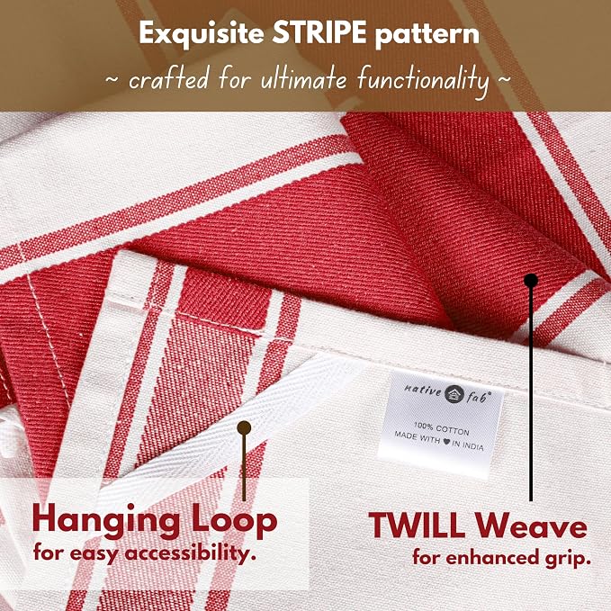 Native Fab Red Kitchen Dish Towels 18x28 Inch, Set of 12, Wide Stripe, Super Absorbent, Fast Dry, Soft, 100% Cotton Towels for Wiping Hands, Drying Dishes, Cleaning Spills Dish Cloths Set - Red