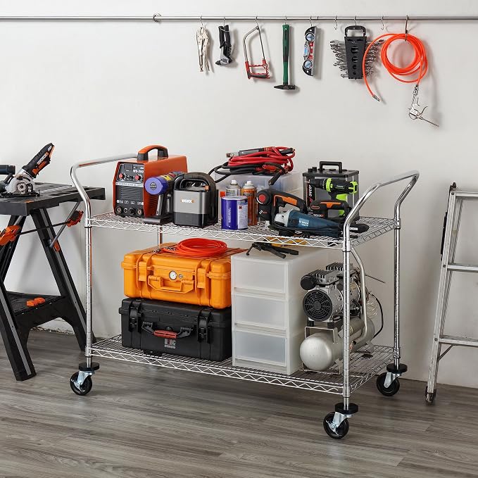 Finnhomy 2-Tier Commercial Grade Rolling Cart, Heavy Duty Utility Cart, Carts with Wheels and Handles, Kitchen Cart on Wheels, Metal Serving Cart with 700 lbs Capacity, Shelf Size 24" D x 48" W, NSF