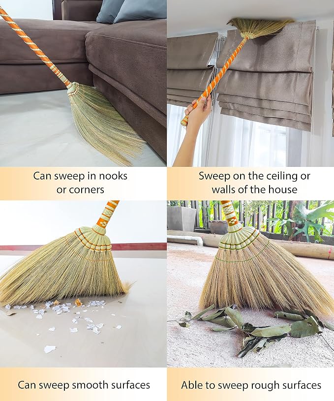Asian Straw Broom Thai for Cleaning Floor,Housewarming Gift,Thai Vintage Retro Grass Broom Stick, Hardwood Sweeper with Brush Power and Circle Cleaning (Length 40 inch)
