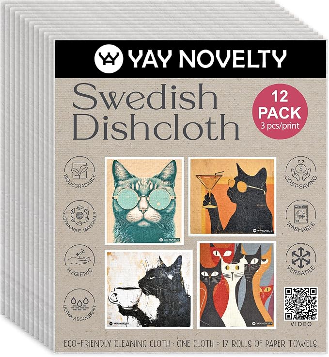 Swedish Dishcloths - 12 Pack | Made in Germany | Ultra-Absorbent, Reusable Cellulose Sponge Cloths for Kitchen | No-Odor, Eco-Friendly Cleaning Wipes | Water-Based Ink | Cool Cat