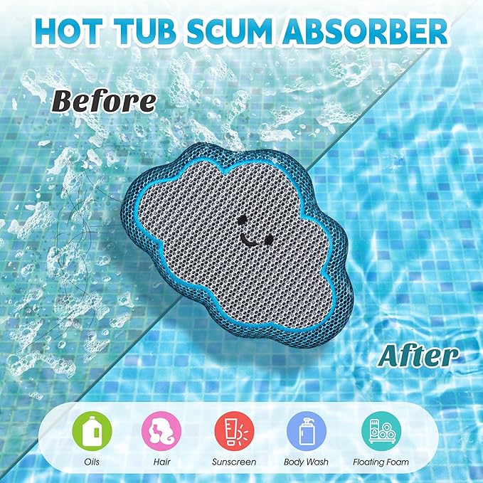 Ray Hot Tub Scum Absorber - Reusable Stingray Floating Spa Sponge & Oil Remover with Optional Tether - Washable Devilfish Oil Absorbing Sponge for Jacuzzi, Pool, and Bath (Cloud 2 Pack)