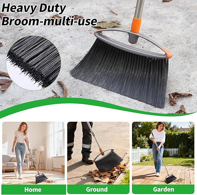 2 Pack Stiff Bristle Broom for Sweeping Indoor, Heavy Duty Broom with Collapsible Handle, Ideal for Indoor Outdoor Hardwood Floors Kitchen Salon Camping Cat Pets Hair Home Room Office, Gray