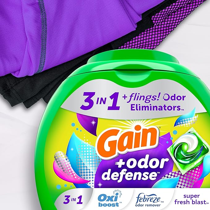 Gain Flings Laundry Detergent Pacs with Odor Defense, 102 Count, Super Fresh Blast Scent, HE 3in1 Detergent Pacs with Febreze and Oxi