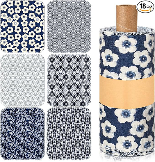 Redbaker 18 Pcs Reusable Paper Towels Rolls Towels Bulk Kitchen Washable Paperless Cloth Cotton Hand Napkins with Cardboard Reusable Napkins for Kitchen Bathroom (Geometric Style)