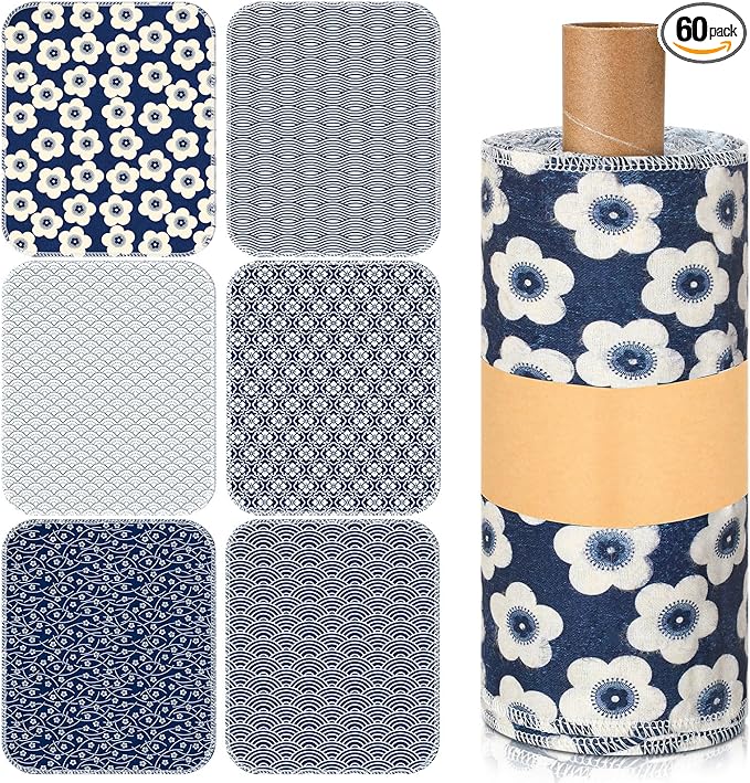 Redbaker 60 Pcs Reusable Paper Towels Rolls Kitchen Towels Bulk Washable Paperless Cloth Cotton Hand Napkins with Cardboard Reusable Napkins for Kitchen Bathroom (Geometric Pattern)