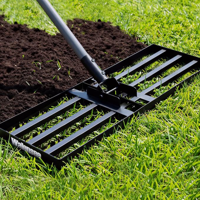 Walensee Foldable Split Lawn Leveling Rake, 30"x10" Heavy Duty Lawn Leveler Tool with 6.5FT Steel Handle, Levelawn Landscape Rake for Topdressing, Soil, Sand, Dirt, Backyard, Garden