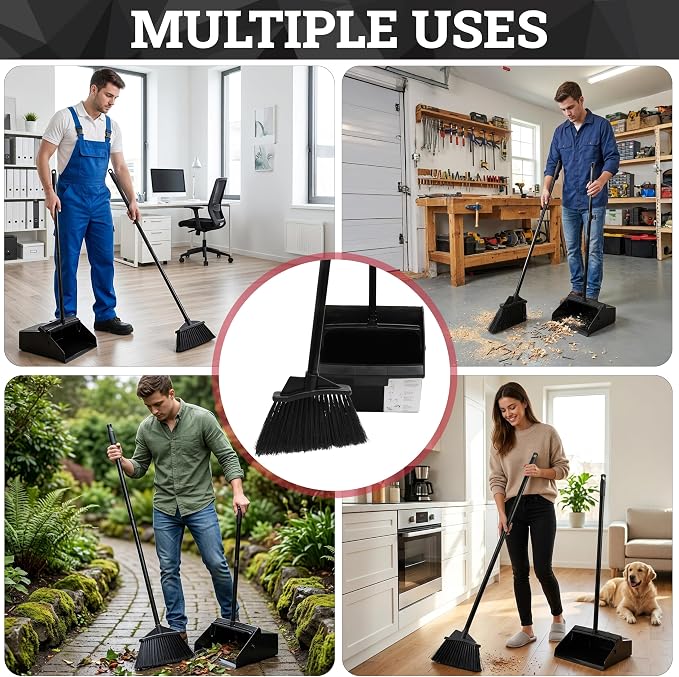 KLEEN HANDLER 48.5" Broom with Dustpan Combo Set with Long Handle for Home, Kitchen, Office, Lobby, Indoor/Outdoor Sweeping & Commercial Use, Black (1 Set)
