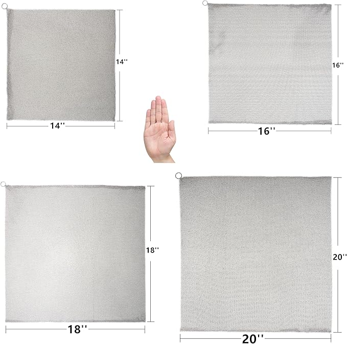Cast Iron Cleaner & Chainmail Skillet Scrubber - 14''x14'' 3.8mm Small Ring, 316L Stainless Steel Interlocking Mesh Sheet, Flexible Chainmail Panel, Fine Linked Ring Fabric, Woven Ring Net