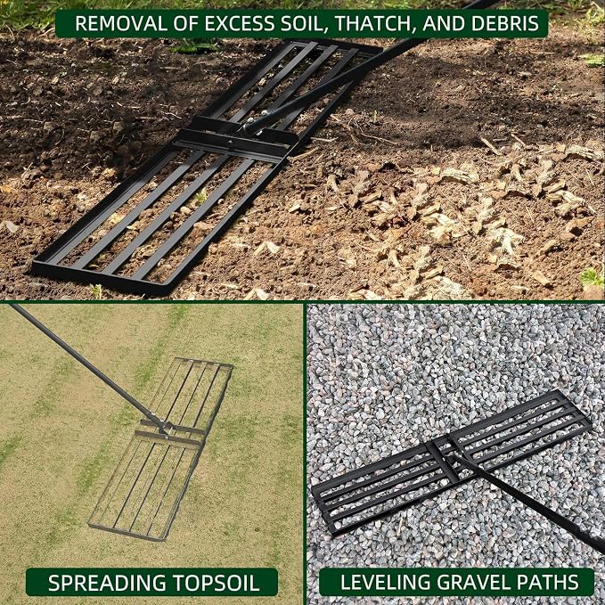 Professional Lawn Leveling Rake, 45x10inch Heavy Duty Lawn Lute & Lawn Leveller with Stainless Steel Pole, for Effortless Leveling on Garden, Golf Course, Farm, Backyard