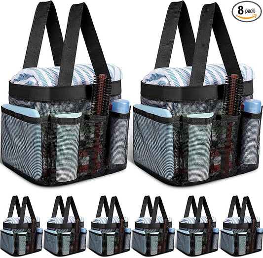 8 Packs Mesh Shower Caddy Portable Large Shower Caddy Dorm with 8 Pockets and Handles Quick Dry Shower Bags Hanging Bath Bag Dorm Room College Essentials for Bathroom Gym Camp (Black)