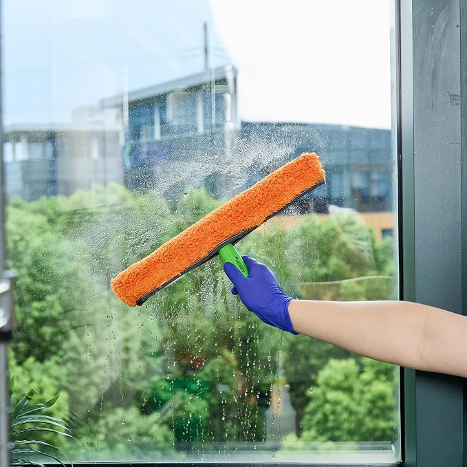 Restaurantware-Clean Tek Professional Window Washer Strip, 1 Window Scrubber with T-Bar Handle - Machine Washable, No-Streak Cleaning, Orange Microfiber Washer for Glass Door, Home Or Commercial Use