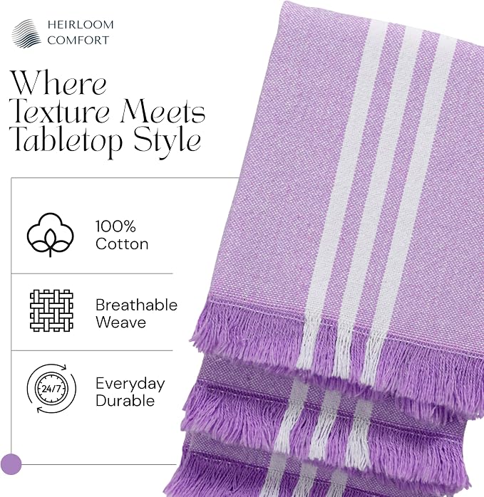 Monochrome Stripe 100% Cotton Dish Towels Set of 12, Decorative Fringes, 16x26 Inch, Quick Dry, Absorbent & Reusable for Cleaning, Cooking, Kitchen Decor, Machine Washable, Lavender